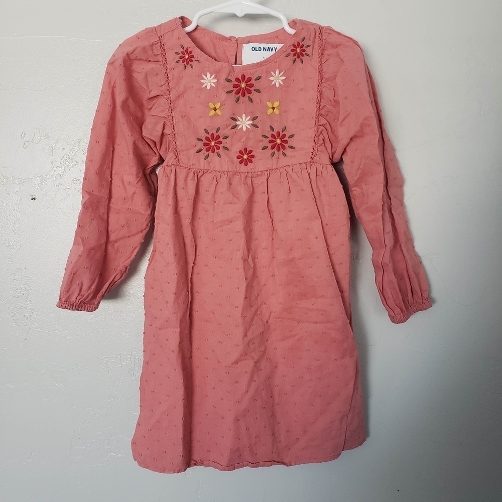 Old Navy Toddler Girl 4T Coral Pink Long Sleeve Dress Swiss Dot Peasant Floral